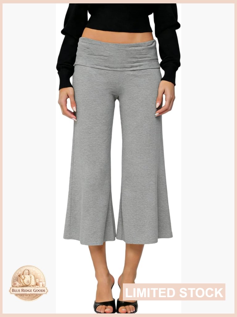 Womens Fold Over Capri Pants Flowy Low Rise Wide Leg Yoga Gaucho Palazzo Lounge